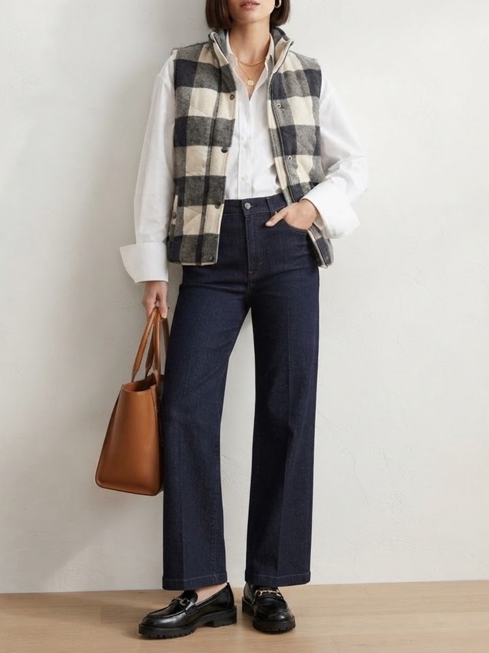 Plaid Puffer Vest - Black & Cream Buffalo Check